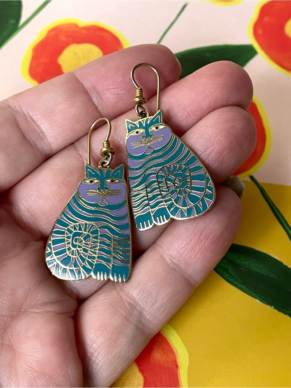 Vintage Laurel Burch teal & purple Shambala tabby cat dangle earrings